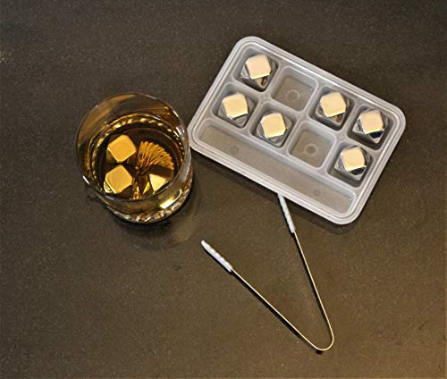 Set of 8 Whiskey Stones, Diamond Shaped Reusable Ice Cubes, Beverage Chilling Rocks, Premium Stainless Steel Gifts For Men, Dad, Christmas, Includes Storage Tray and Silicone Tip Tongs.