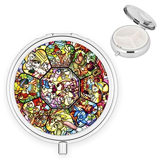 DISNEY COLLECTION Pill Box 3 Compartment Disney All Characters Round Metal Silver Travel Daily Medicine Organizer Case Compact for Vitamin Supplement