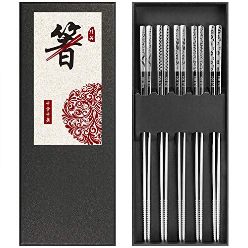 IEZFIX Stainless Steel Chopsticks Reusable 5 Pairs Metal Chopsticks Dishwasher Safe丨Easy to Use Kitchen Gadgets - Square Lightweight Good Grip Non-Slip Chop Sticks - Gift Set 304 Silver