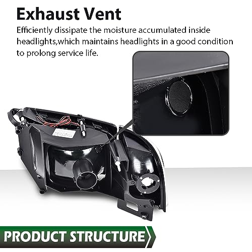 Image of GRAND ORANGE LED Light Strip Headlight Assembly Lamps w /o Bulbs Compatible with Dodge Ram 1500 1994-2001 /Dodge Ram 2500 3500 1994-2002 CH2503101,Smoke Lens Black Housing Clear Reflector Headlamps