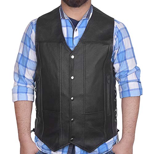 DEFY Men's Black Genuine Leather 10 Pockets Motorcycle Biker Vest New (8XL (CHEST 64 INCHES))