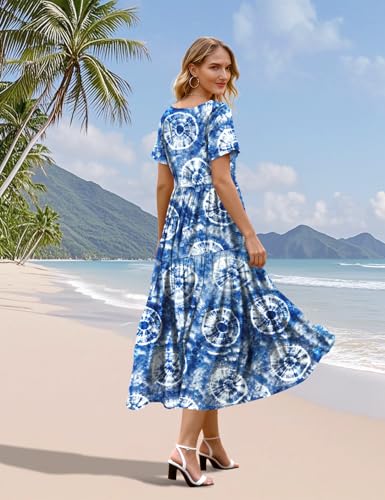 Image of YESNO Women's Summer Maxi Dresses Casual Floral Short Sleeve V Neck Boho Beach Vacation Swing Dress with Pockets EVF