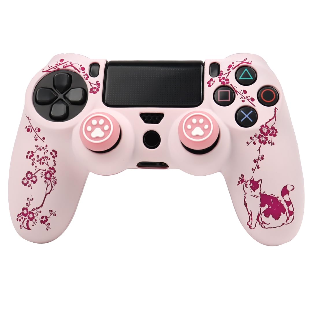 Cat Among Blossoming Branches Design Controller Skin Cover with 2 Thumb Grips Compatible with PS4/Playstation 4 Slim/Pro Controller