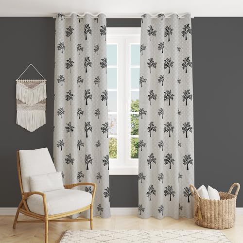 Image of Printed Tree 2 Piece Polyester Home & Living Room Eyelet Door Curtain - 7 Feet, Grey