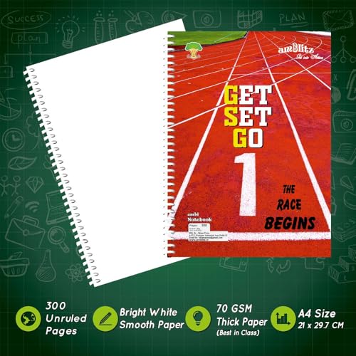 Image of amblitz Unruled Spiral Notebook | 300 Pages | A4 Size | 21 X 29.7 CM | 70 GSM THICK Paper | Long Notebook Unruled | Motivational Quotes on Attractive Cover |