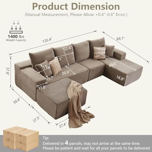 Image of Lakifun 135 inch U-Shape Cloud Couch, Modern Modular Sectional Comfy L-Shape Sofa with Ottoman, Deep Seat, Upholstered Corduroy Sleeper Chaise Longue for Living Room Bedroom, No Assembly Required, Camel
