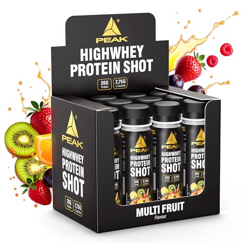 PEAK HIGHWHEY Protein Shot - Display - 12 x 100ml Geschmack Multifruit I Liquid Clear Whey (Beta-Lactoglobulin) mit 20g Protein und 2,75g L-Leucin pro Ampulle I perfekt für unterwegs