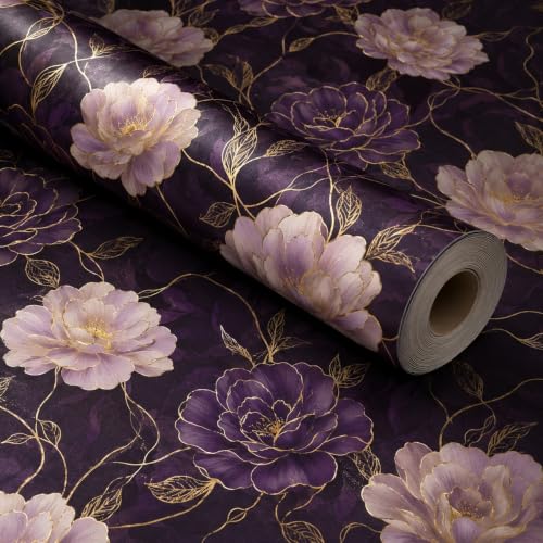 Image of VKR Premium Luxury Floral Self Adhesive Wallpaper Roll for Bedroom Living Room Furniture & Cabinets, Peel & Stick Decorative Wall Covering for Home Decor (45 x 300 cm, Purple Gold Rose Design)