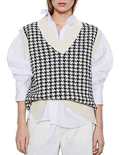 SAFRISIOR Oversized Houndstooth Knitted Vest Sweater Vintage V Neck Loose Sleeveless Sweater White