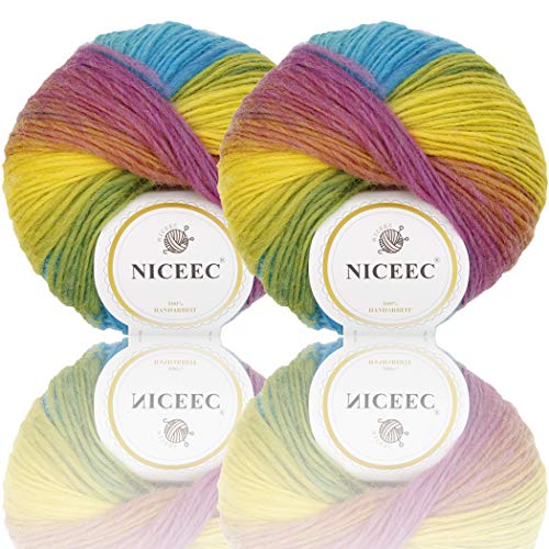 Image of 2 Skeins Rainbow Soft Yarn 100% Wool Gradient Multi Color Yarn for Crocheting Knit Total Length 180mx2(196ydsx2,50gx2)-24