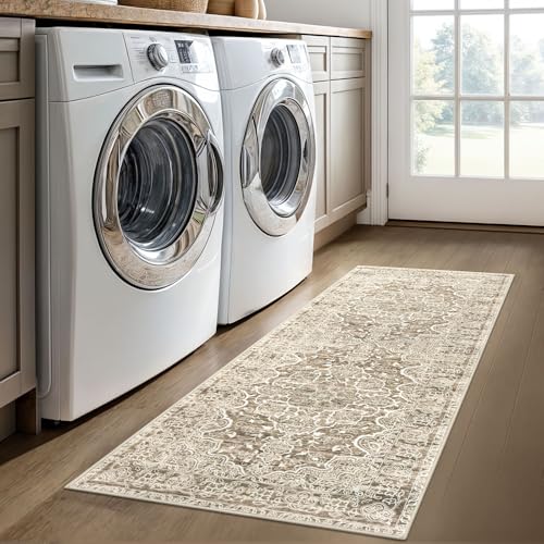 KUTA Vintage Washable Runner Rug, 2x5 Runners Non-Slip Beige Brown 5ft Hallway Kitchen Rugs Ultra Soft Printed Distressed Tribal Farmhouse Carpet for Bedroom Entryway Decor