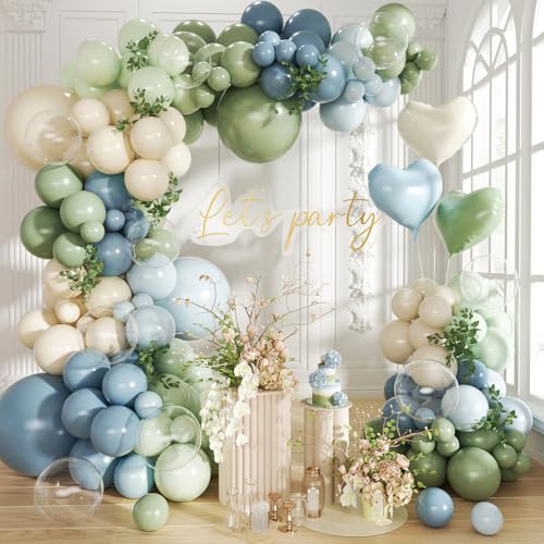 Image of Dusty Blue Sage Green Balloon Arch Kit, 140Pcs Fog Blue and Light Blue Green Sand White Balloons Different Size with Heart Foil Balloon for Baby Shower Bridal Anniversary Birthday Party Decorations