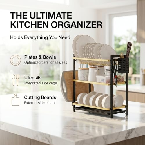 Image of COMFYHOME Dish Drying Rack, 3-Tier Wrought Iron Space-Saving Kitchen Dish Drainer with Drainboard & Utensil Holders, Rustproof Counter Organizer for Plates, Utensils, Bartan