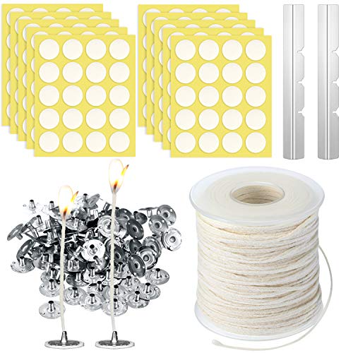 Candle Making Supplies 25 Ply 200 Feet Braided Wick 200 Pieces Wick Sustainer Tabs 200 Pieces Candle Wick Stickers 2 Pieces Candle Wicks Holder for DIY Handmade Candle Making Kit