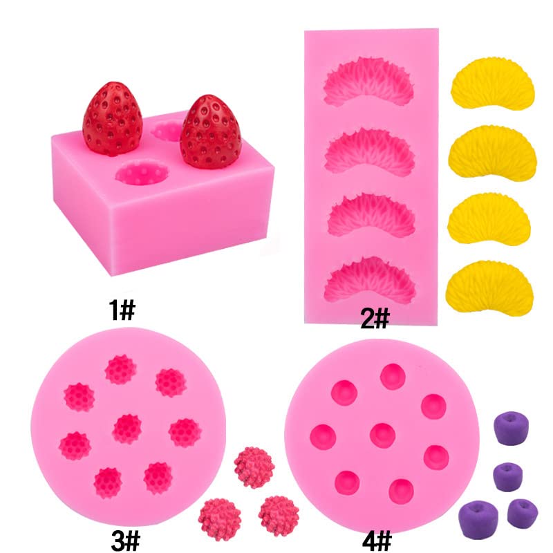 4 Moldes de Silicona Con Forma de Fruta 3D - Fresa, Naranja, Frambuesa y Arándano - Para Fondant, Resina Epoxi, Cera y Caramelos