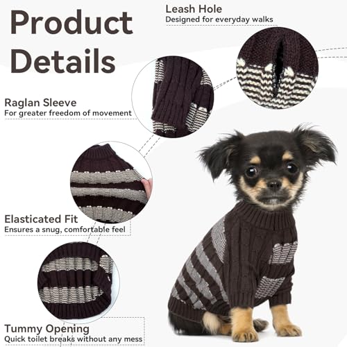 Hjumarayan Hundepullover Kleine Hunde - Pullover Hund mit Geschirrloch, Warm Hunde Strickpullover Winter mit Beinen, Pit-Streifen Hundepulli für Malteser, Zwergpudel, Braun S