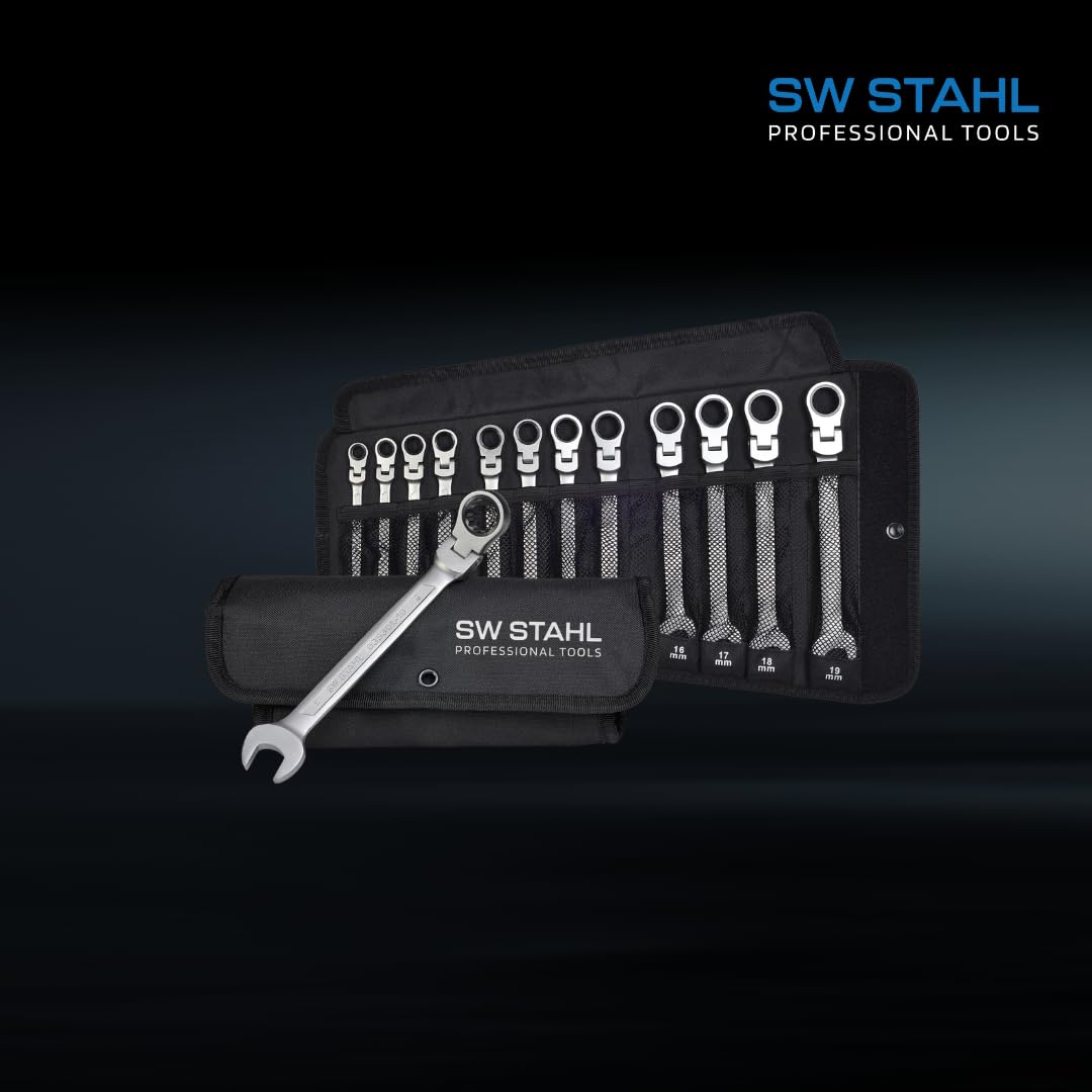 SW-Stahl 03530L Juego de Llaves Combinadas con Carraca, 8-19 mm, 12 Piezas | Herramientas con cabeza articulada flexible y acabado en cromo vanadio, estuche de transporte incluido para taller.