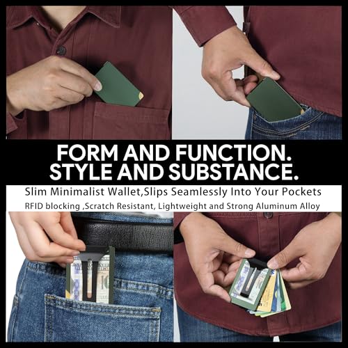 Image of Minimalist Wallet for Men, Slim Metal RFID Blocking Wallet Credit Card Holder Money Clip & Cash Strap, Scratch-Resistant Holds 15 Cards,Ideal Gift for Men | -Matt Green