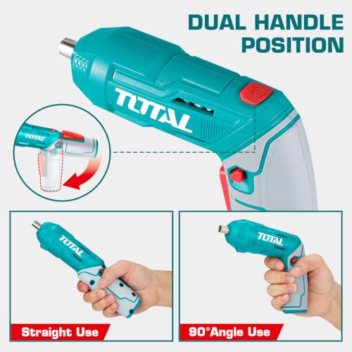 Image of TOTAL 4V Cordless Screwdriver, 4Nm Torque, 240RPM, 23 Cr-V Bits Set | Two-Position Handle, Type-C Charging, Work Light, 1 /4 Inch Hex Shank, Magnetic Connector and Case