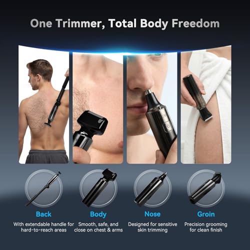 Image of Back Shaver for Men, 4-in-1 LED Display Electric Groin Hair Trimmer | Type-C, Safety Lock, IPX7 Wet /Dry Clippers, Rechargeable with Long Handle, MultiFunctional Back Trimmer for Men,(Cool Silver)