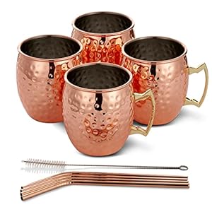 Oak & Steel – 9-delige Moscow Mule Set – 4 RVS Koperen Bekers, 4 Rietjes en Borstel – Stevig & Onbreekbaar – Cocktails & Koude Dranken – Buitenfeesten, Picknicks, Strand en Zwembad