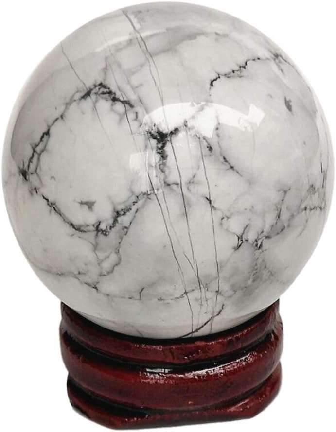Loveliome 40 mm White Howlite Turquoise Healing Crystal Ball, Home Decoration Fengshui Divination Sphere with Wood Stand