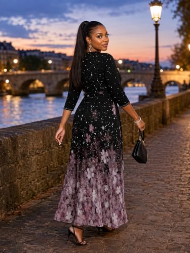 Image of PinkPatty Plus Size Maxi Dresses for Women Casual Flowy Long Dress 3 /4 Sleeve V Neck Wrap Dress with Belt