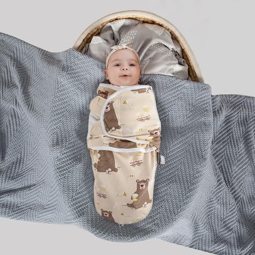 Image of HOUSBAY Baby Swaddle Blanket Boy Girl Super Soft Material Newborn Adjustable Swaddles 2-Way Zipper Sleep Sack 1 Pack (Honey Bear, Medium /Large | 3-6 Months)