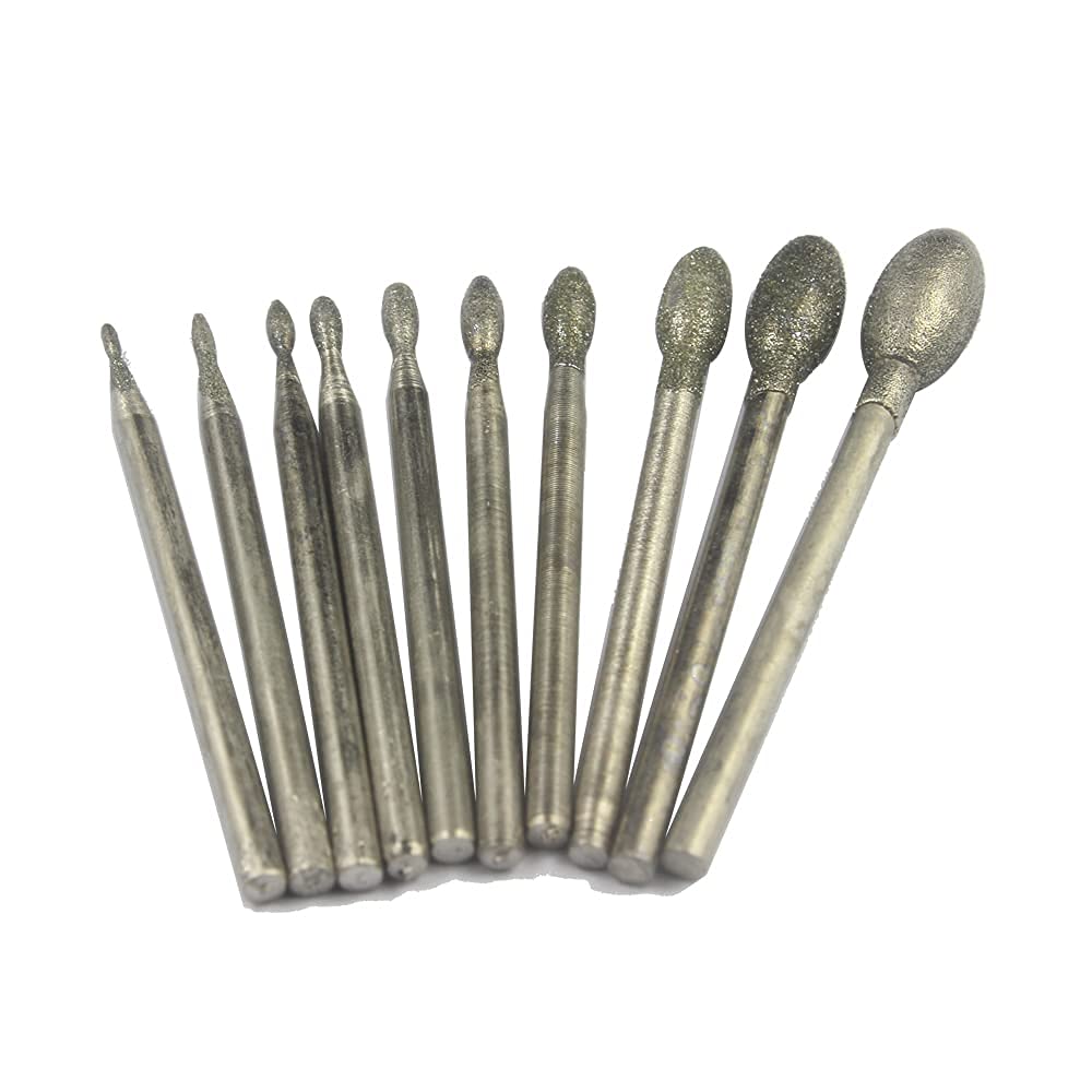 10 Pcs Diamond Burr, 3/32 Inch Shank Stone Carving Bits For Rotary Tools (Oval Shape)