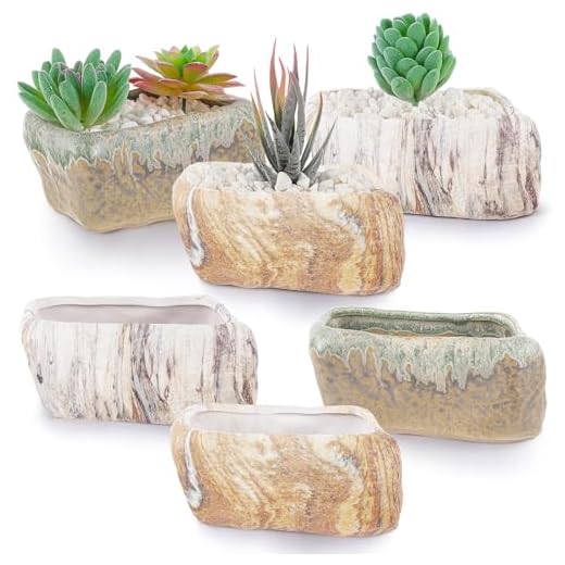 Blushtier 6 Pcs 5.3 Inch Ceramic Succulent Pots Stone Shape Rectangle Window Box Cactus Plant with Drainage Hole Succulent Planters Small Cactus Pots for Indoor Outdoor Garden Office Table Decor Gift