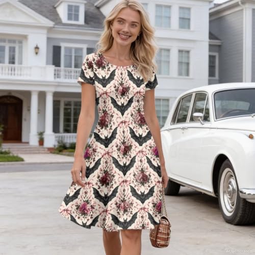 Image of POLERO Women Puffy Swing Elegant Party Midi Dresses Short Sleeve Round Neck A-Line Dress