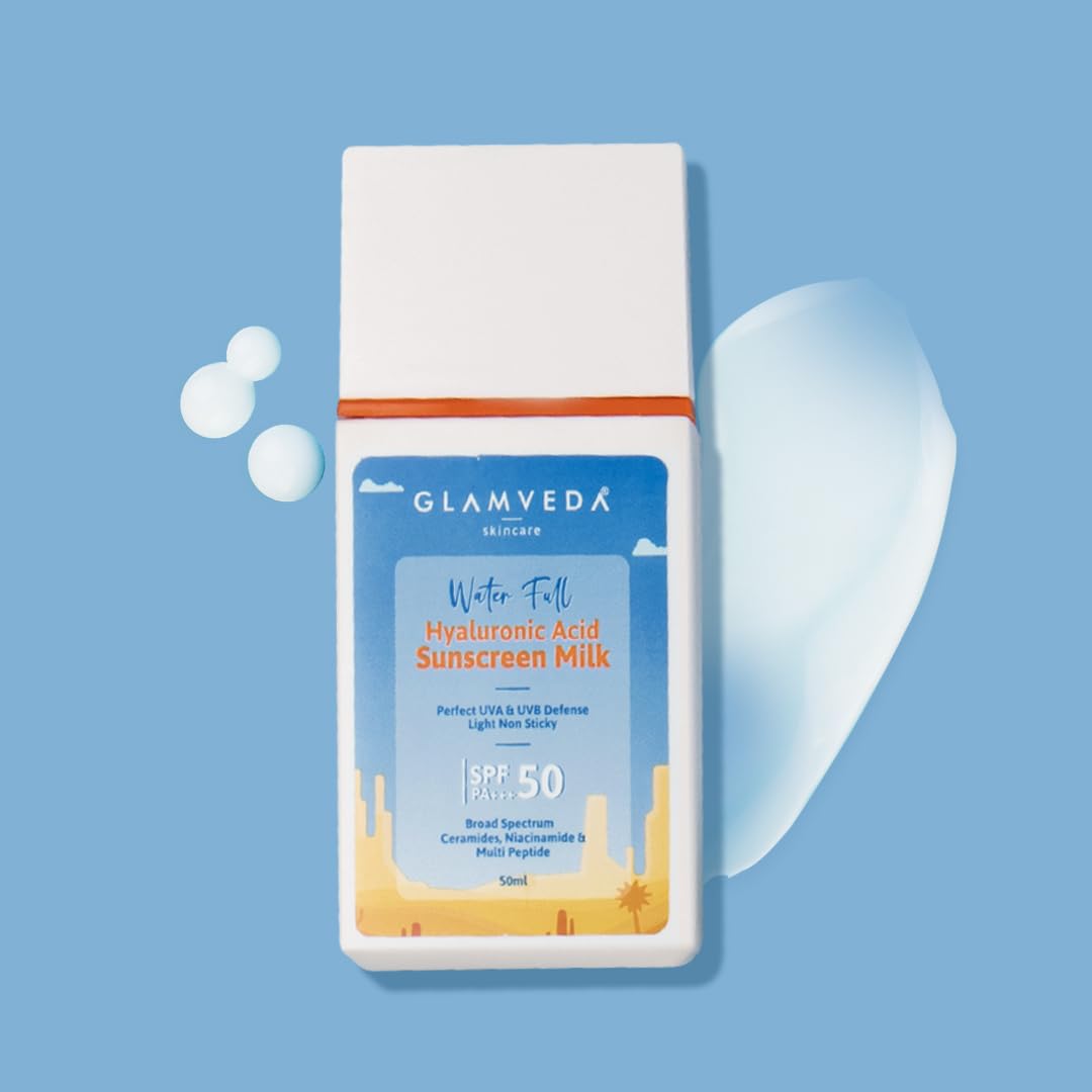 Glamveda Ultra Light Water Sunscreen SPF 50 PA+++ | Hydrating & Nourishing Sunscreen Milk | Broad Spectrum UVA/UVB Protection | No White Cast, Non-Greasy, Fragrance-Free | For All Skin Types | 50ml