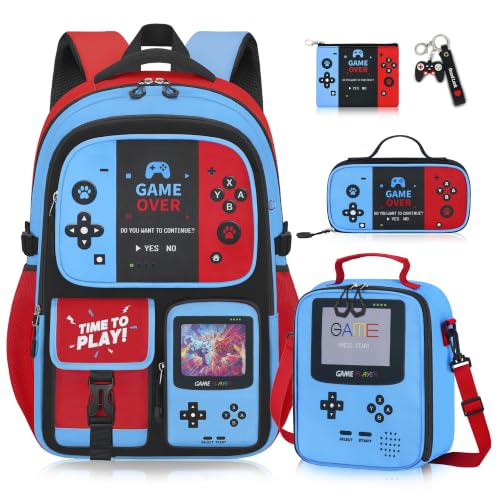 Duzieda Boys Backpack with Lunch Box 4 PCS Gamer Boys Backpack for Elementary Middle School 17 Inch School Bags for Kids