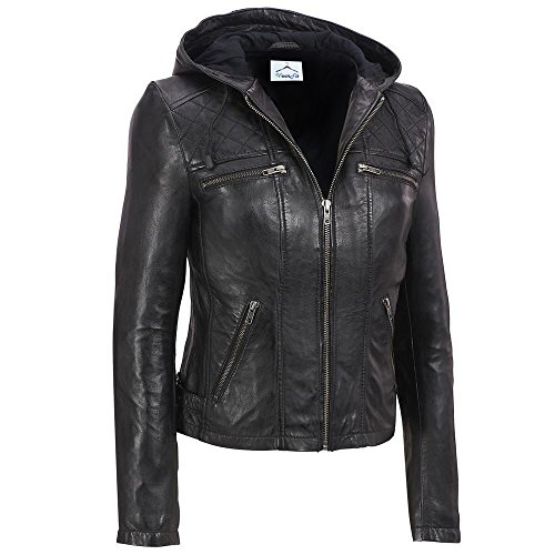 VearFit Womens Funterium Quailted Hooded Missy Regular Black Real Leather Jacket