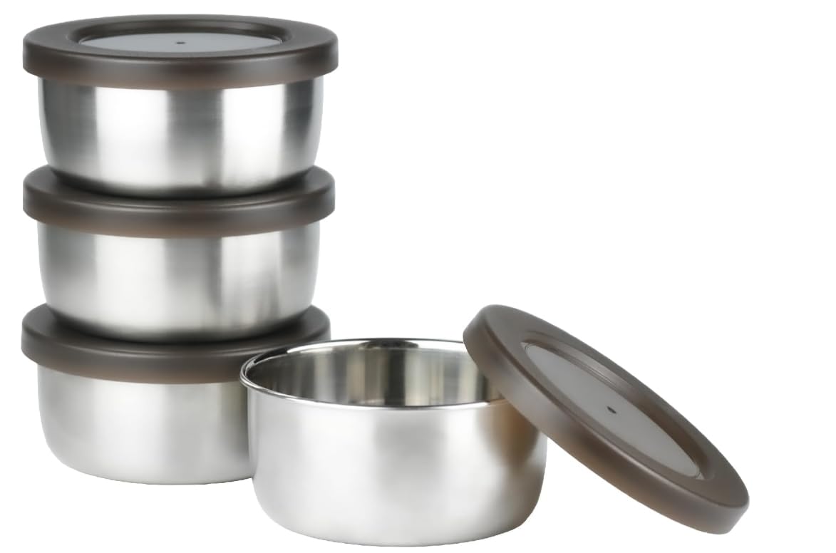 HillSpring Juego de 4 cuencos de acero inoxidable con tapa de 265 ml irrompibles con tapas de plástico sin BPA para preparar comida, cocinar, aperitivos y sobras