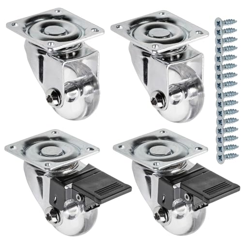 GTV - Ruedas para muebles BRAZIL, 4 unidades, juego de ruedas para muebles: 2 ruedas con freno, 2 sin freno, de acero y goma, +16 tornillos cónicos 4 x 17, diámetro: 35 mm, color: transparente