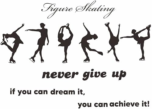 JWH171 - Calcomanía de pared de patinaje artístico con 6 calcomanías de patinadora para niñas y cita de nunca te rindas, arte de pared de patinaje