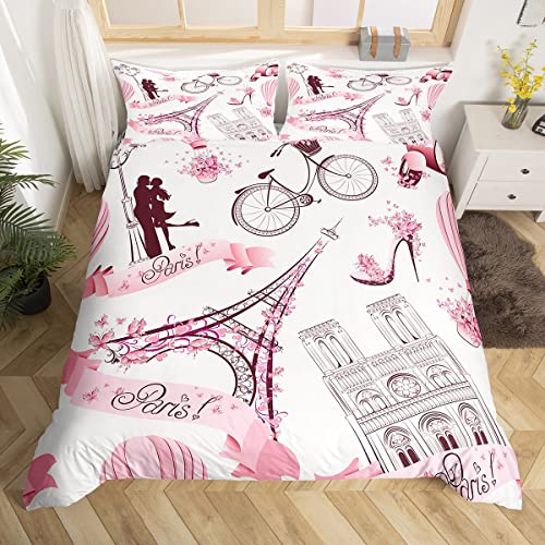 Homemissing Tour Eiffel Parure de Lit 220x240cm Paris Rose Housse de Couette Paris Décor Sets de...