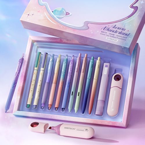 WRITECH Gel Ink Pens Journaling: Aurora Wonderland Pen Set, Gradient Barrels Black Ink Pens Pastel Highlighters Brush Markers, No Bleed Smooth Writing Drawing Gift for Students,Friends 12ct