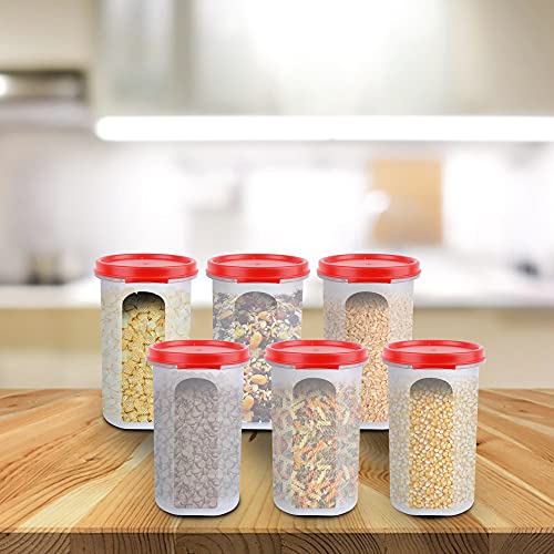 Image of Cutting EDGE 585ML Smart Slim Storage Airtight Container-Red,Set of 6 | Plastic material, pantry organization, pulses storage, grains storage, shelf arrangement, compact design, kitchen Storage