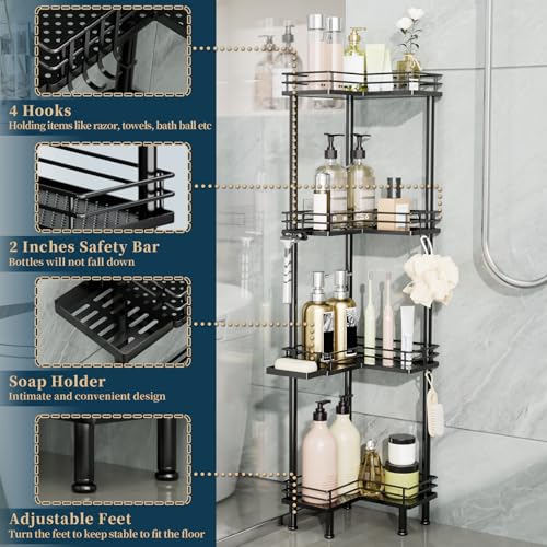Image of Consumest Corner Shower Caddy Standing - 4-Tier Stainless Steel Shower Organizer with Soap Holder and 4 Hooks, Large Capacity Corner Shelf Stand for Bathroom, Rest Room, Black