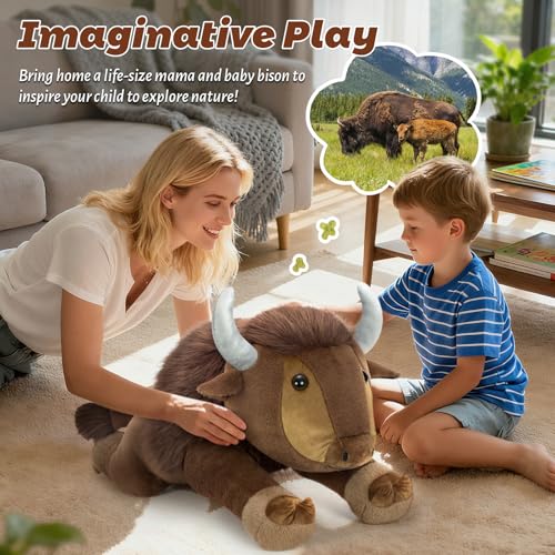 Image of MorisMos Bison Stuffed Animal, 32 inch Bison Plush Giant Stuffed Animal, Soft Cuddle Buffalo Plush, Cozy Plush Gift for Kids Boys Girls Birthday Christmas, Brown