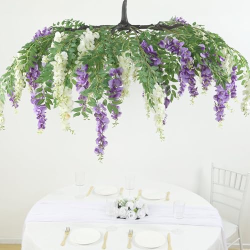 Efavormart Cream Purple Artificial Silk Wisteria Vine Round Hanging Canopy, Draping Garland Flower Chandelier with Interchangeable Branches 55"