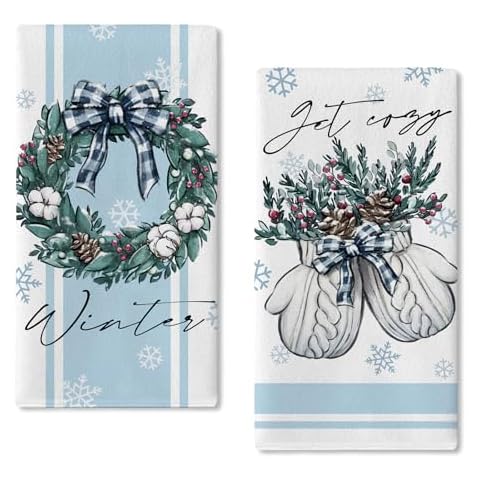 Seliem Hello Winter Wreath Mitten Blue Kitchen Dish Towels Set of 2, Get Cozy Pine Needle Pinecone Hand Towels Drying Baking Cooking Cloth, Snowflake Christmas Red Berry Home Kitchen Decor 18 x 26 in Cover