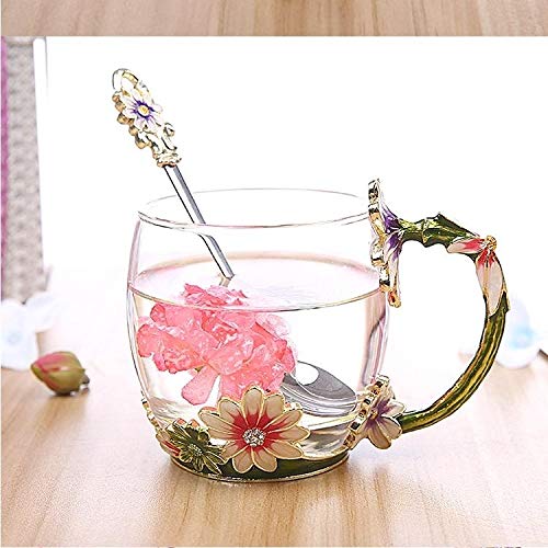KTKT AYSMG Enamel Coffee Cup Mug Wedding Gift Flower Tea Glass Cups Set with Spoon(Creamy White Short Type) (Color : Red Short Type)