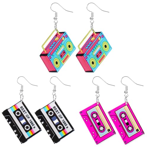 3 Pairs 80s 90s Retro Cassette Tape Neon Earrings for Women, 80s 90s Outfit Acrylic Radio Drop Earring, Neon Jewelry for 80s/90s Accessories Halloween Cosplay Music