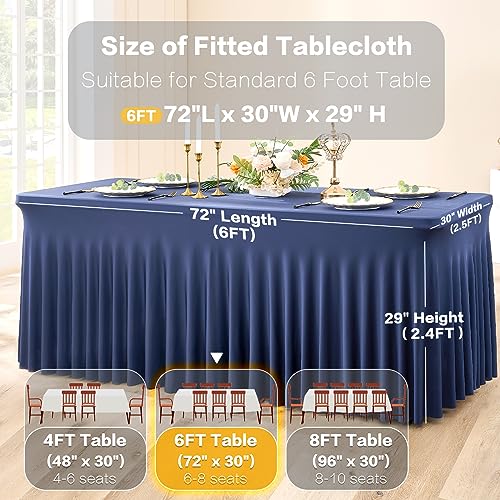 Image of 3 Packs Navy Blue Spandex Tablecloths for 6 Foot Rectangle Tables, Stretchy Fitted 6FT Blue Table Skirt for Wedding Party, Wrinkle Free Tablecloths for Banquet Wedding Birthday Party