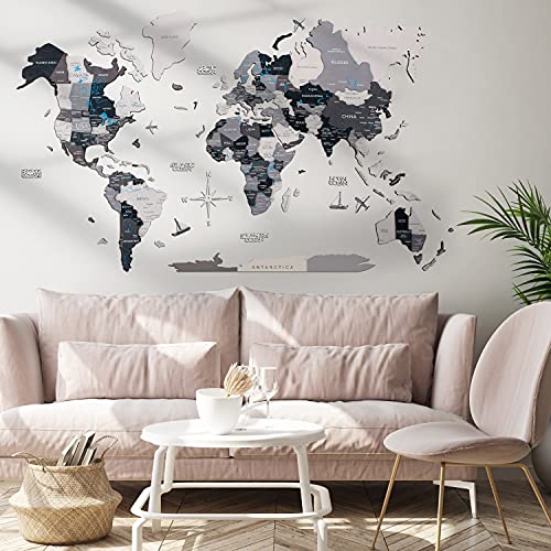 Home DÃ©cor 3D Wood World Map With Rivers&Lakes Nordic color Wall Art Large Wall DÃ©cor - World Travel Map All Sizes (M L XL XXL) Any Occasion Gift Idea - Wall Art For Home & Kitchen or Office