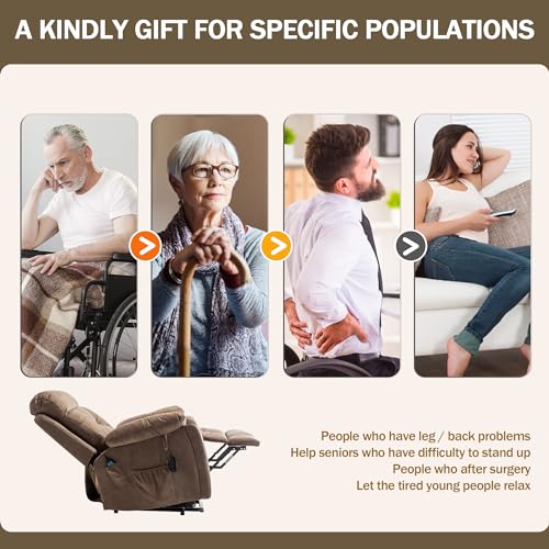 Oversized Power Lift Recliner Chair for Elderly with Massage Heat, Brown Velvet Electric Lay Flat Recliners with Cup Holders, Side Pockets, Infinite Position, Gift for Family