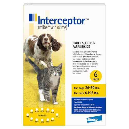 Interceptor for Dogs and Cats | 26-50 lbs Dogs / 6.1-12 lbs Cats | 6-Month Supply